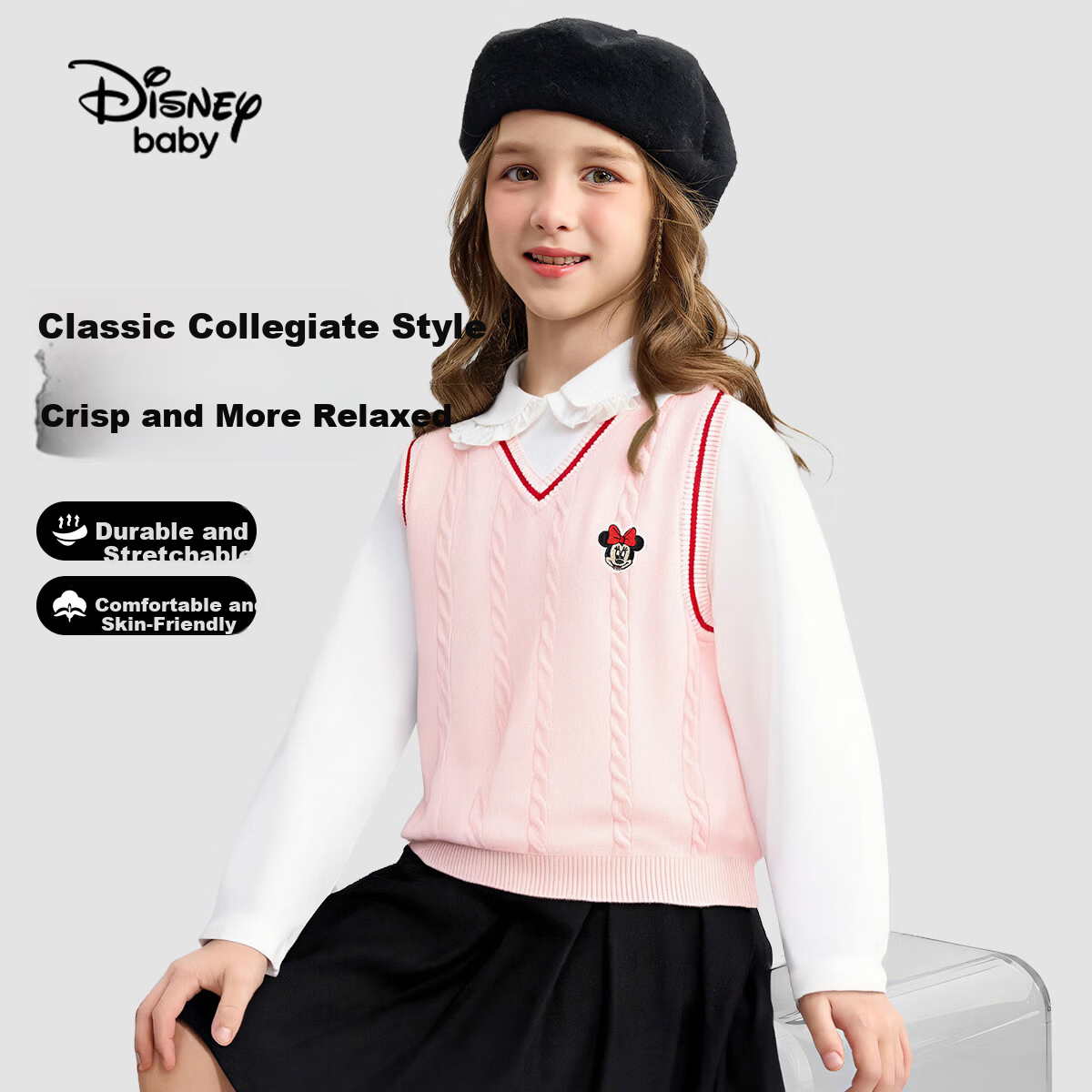 Disney Baby Kids Vest Boys and Girls Sweater Mid to Large Children Spring Casual College Style Knit Vest Light Pink 120