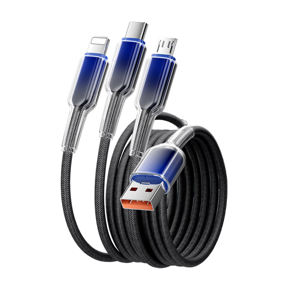 Beimo Three-In Charging Cable, 120W Fast Charging Type-C Data Cable, Ice Crystal One-To Car Charger, Suitable for IPhone18/17promax Huawei/Xiaomi Phones, 1.2 Meters Blue