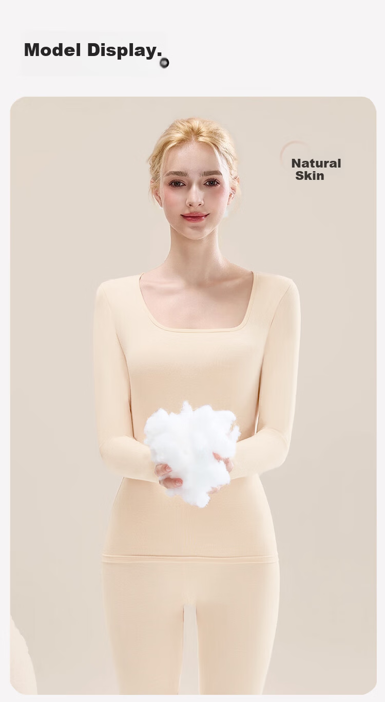 XUEXIMAN Women's Thermal Underwear Set Autumn Winter Pure Cotton Soft Comfortable Seamless Antibacterial Heating Square Neck Top and Bottom 9