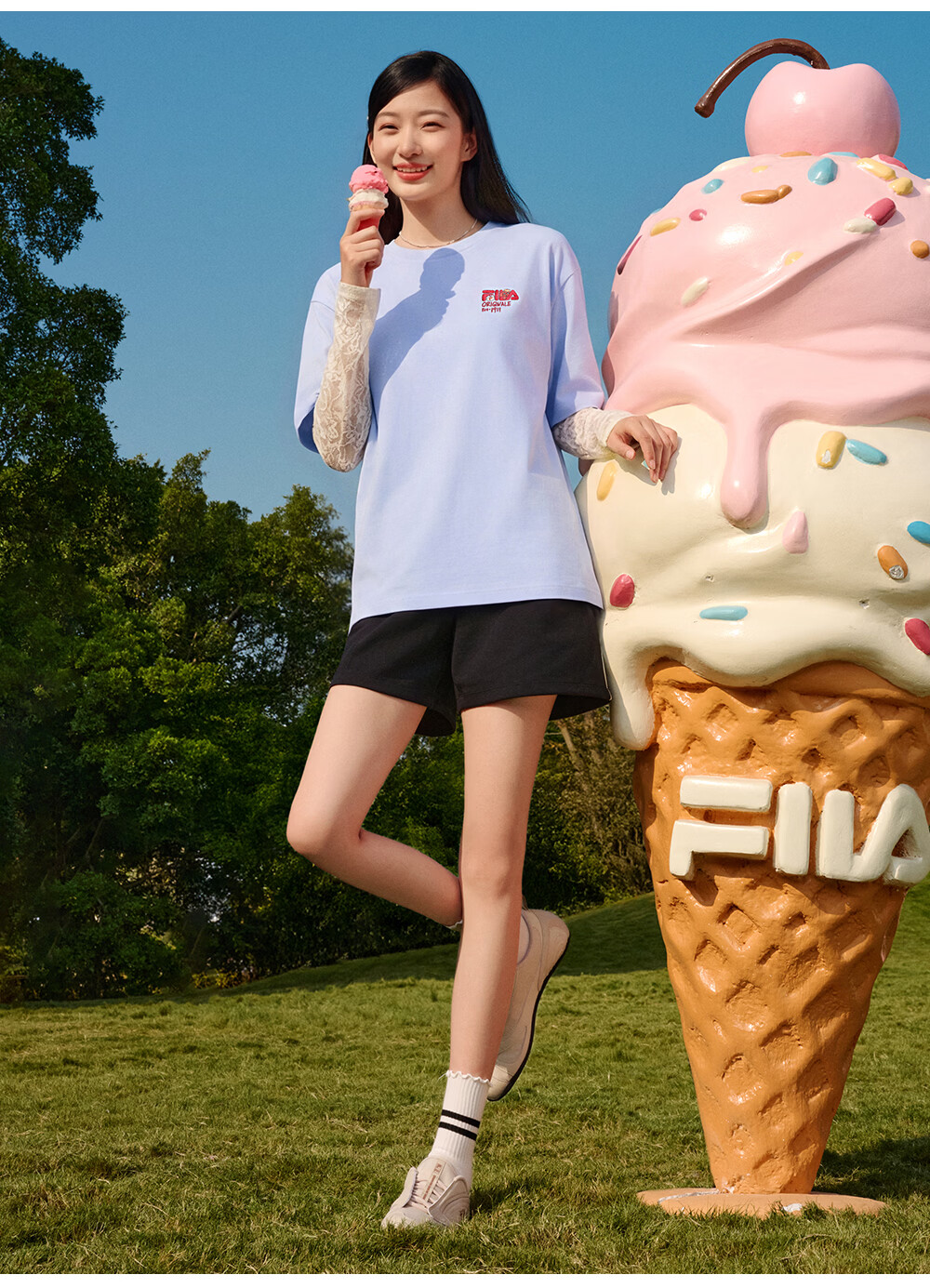 FILA Official Couple's Knitted Short Sleeve Shirt 2026 Summer Fashion Casual Unisex Loose Cat Embroidery T-Shirt 48