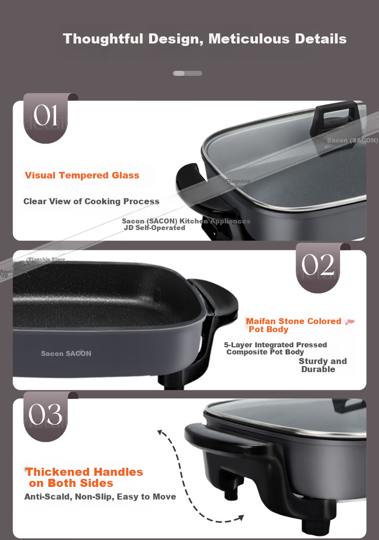 Sacon Electric Hot Pot Multifunctional Electric Frying Pan Grilled Fish Electric BBQ Stove Household Smokeless Electric Grill Large Capacity Non-stick Electric Skillet ML-8010C 14