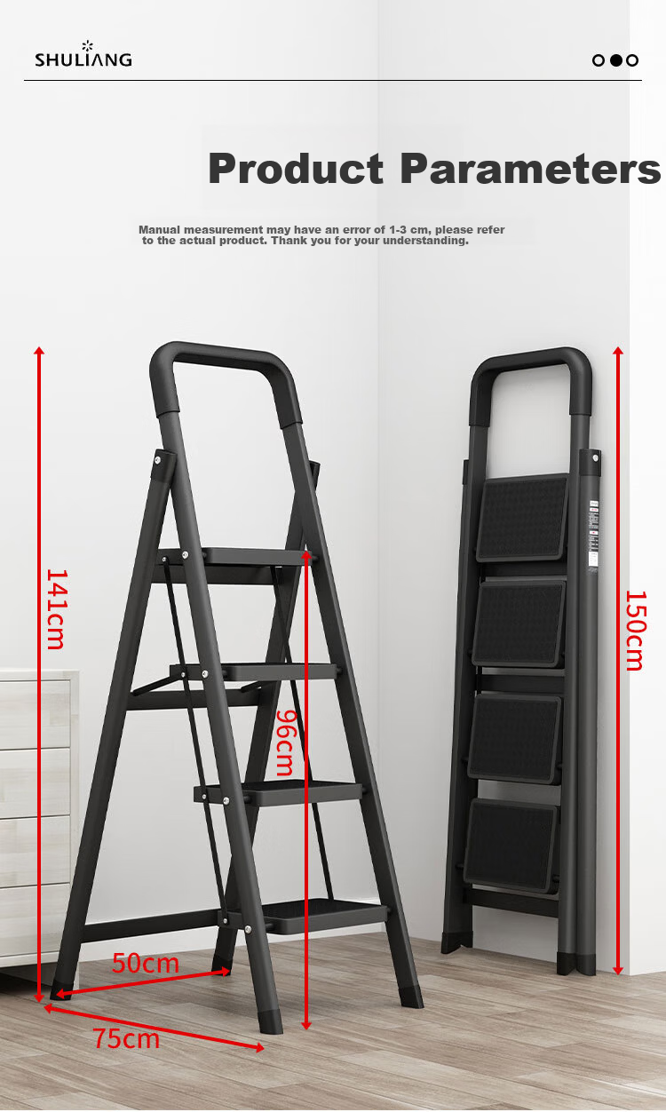 SHULIANG Household Indoor Folding Ladder Thickened Four-Step Engineering Ladder Black Obsidian Carbon Steel Ladder Height 3.2 Meters 9