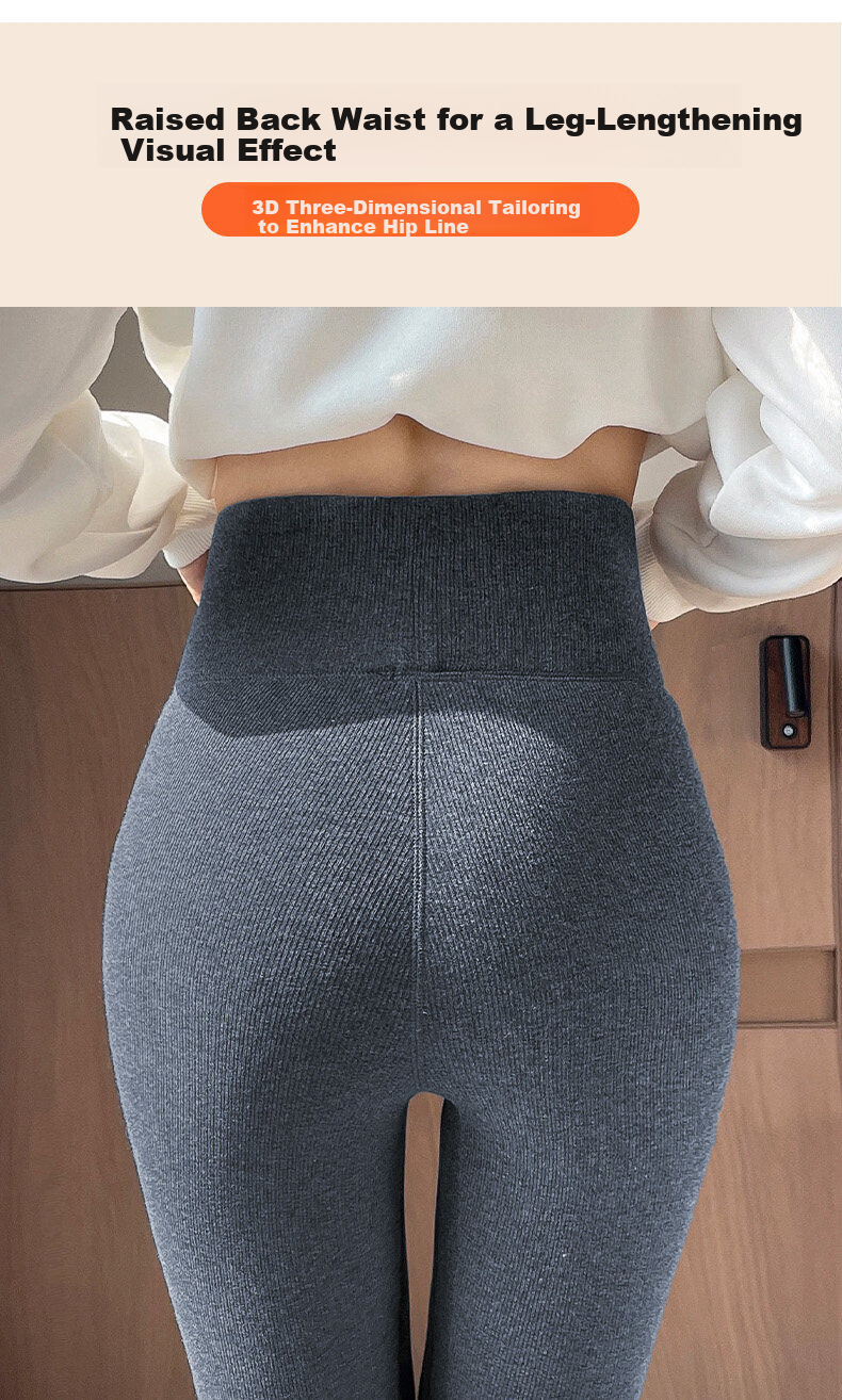 Urban Beauty Women's Fleece-Lined High-Waist Ribbed Leggings Thickened Warm Slim Fit Black Pants for Autumn and Winter 10