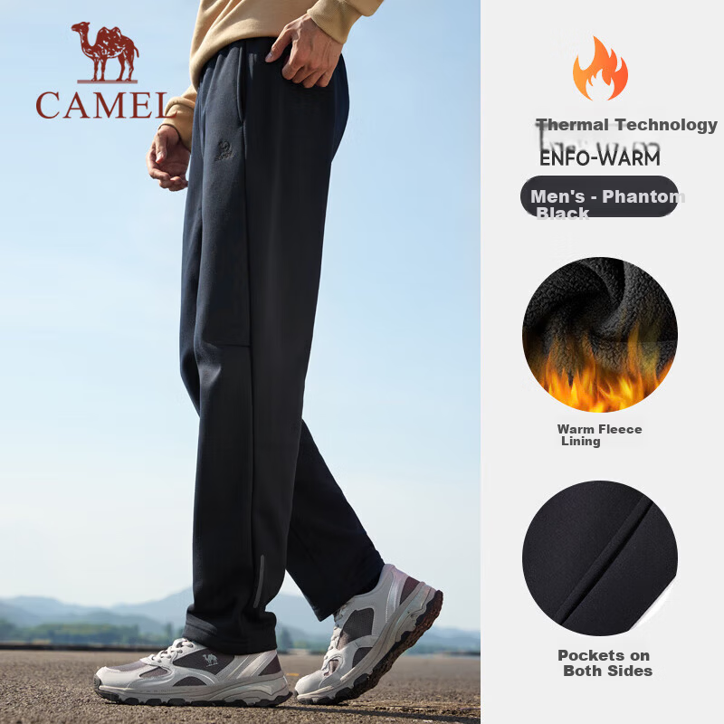 CAMEL Fleece Lined Men's Sports Pants Loose Casual Straight Knit Trousers J13CAVL6034 Phantom Black L