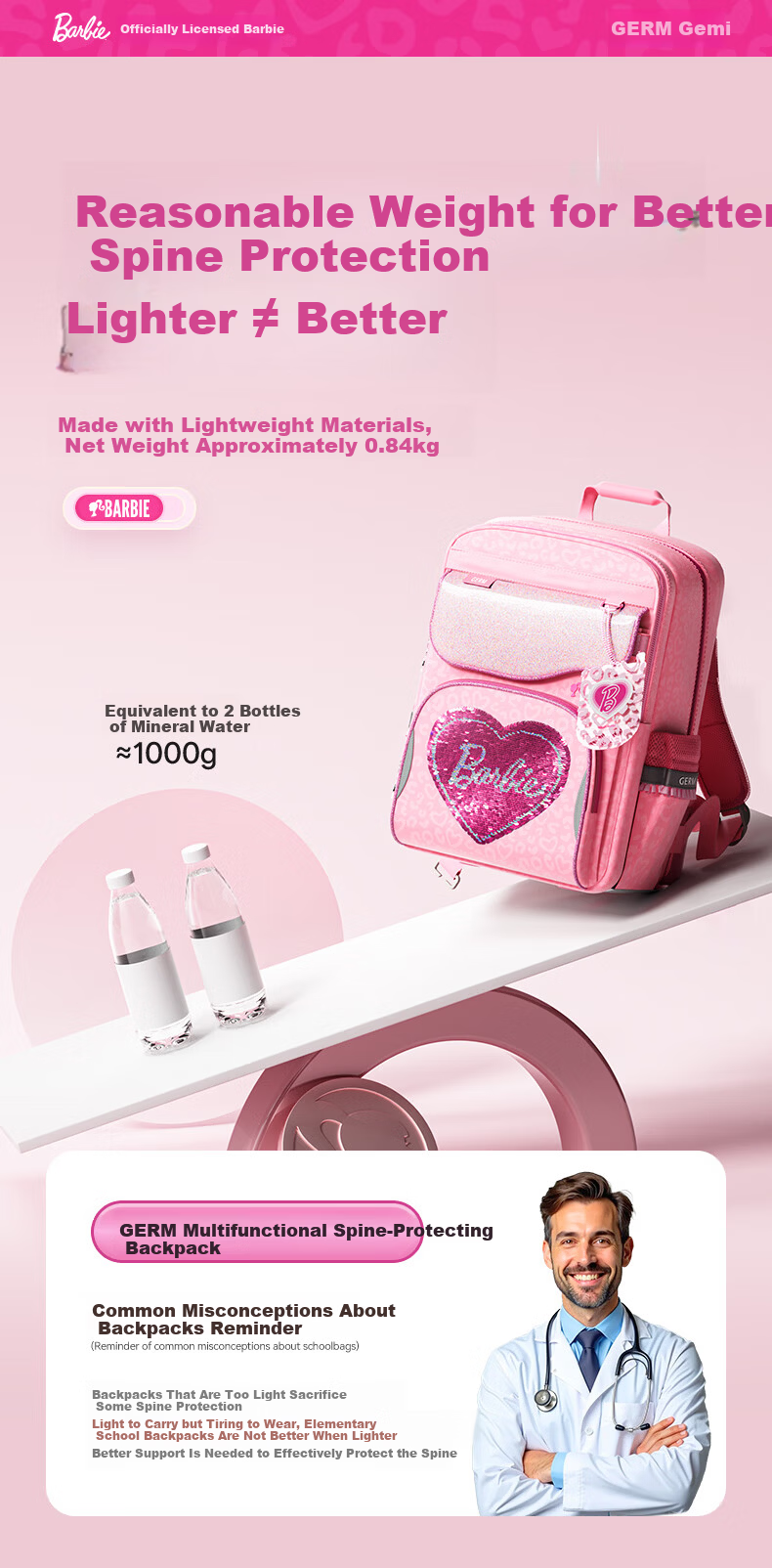 Germ Barbie Backpack for Elementary School Girls Grades 1-6 Lightweight Large Capacity Pink Ergonomic School Bag 5