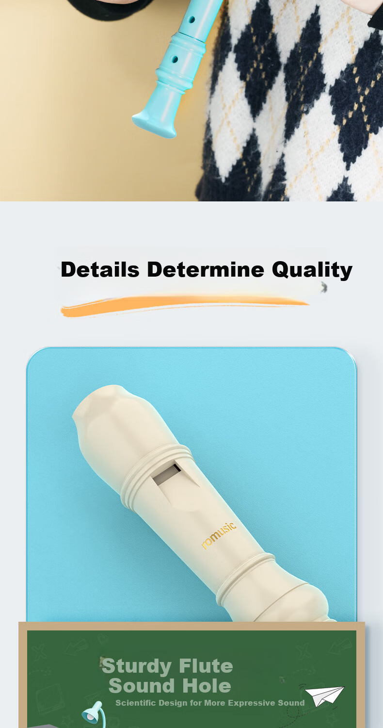 Romusic Recorder German Style Soprano 6-Hole Flute Ivory White for Students Children School Designated Model 8