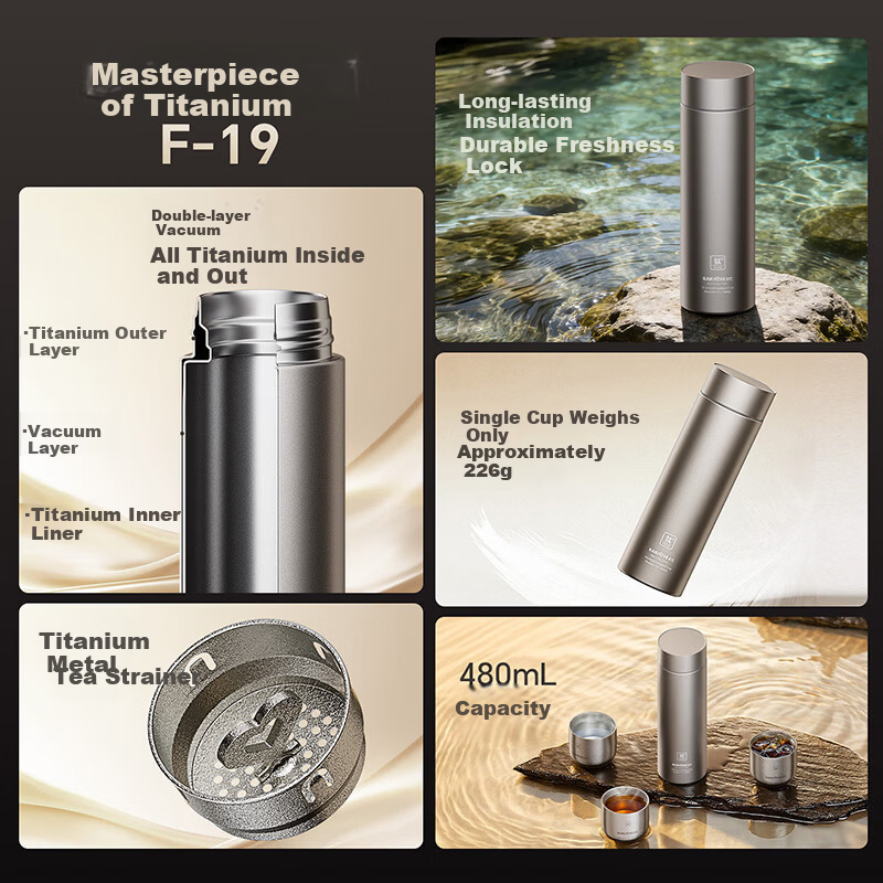 KAMJOVE Titanium Insulated Water Bottle Pure Titanium Inner and Outer Cup Portable Tea Cup for Men and Women