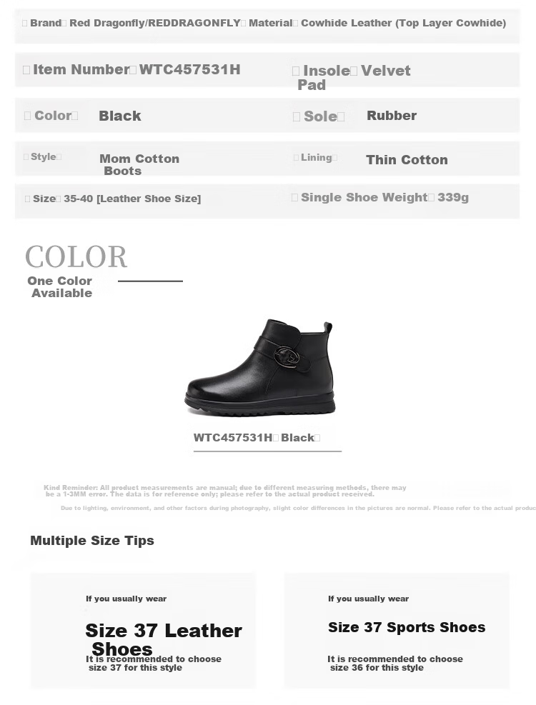 Red Dragonfly Women's Winter Warm Fleece-Lined Leather Cotton Shoes Comfortable Soft Sole Ankle Boots WTC457531H Black Size 37 6