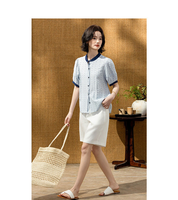 Demana Oxygen Linen Summer Fresh Plaid Color-Block Stand Collar Short Sleeve Loose Slim Women's Shirt 9
