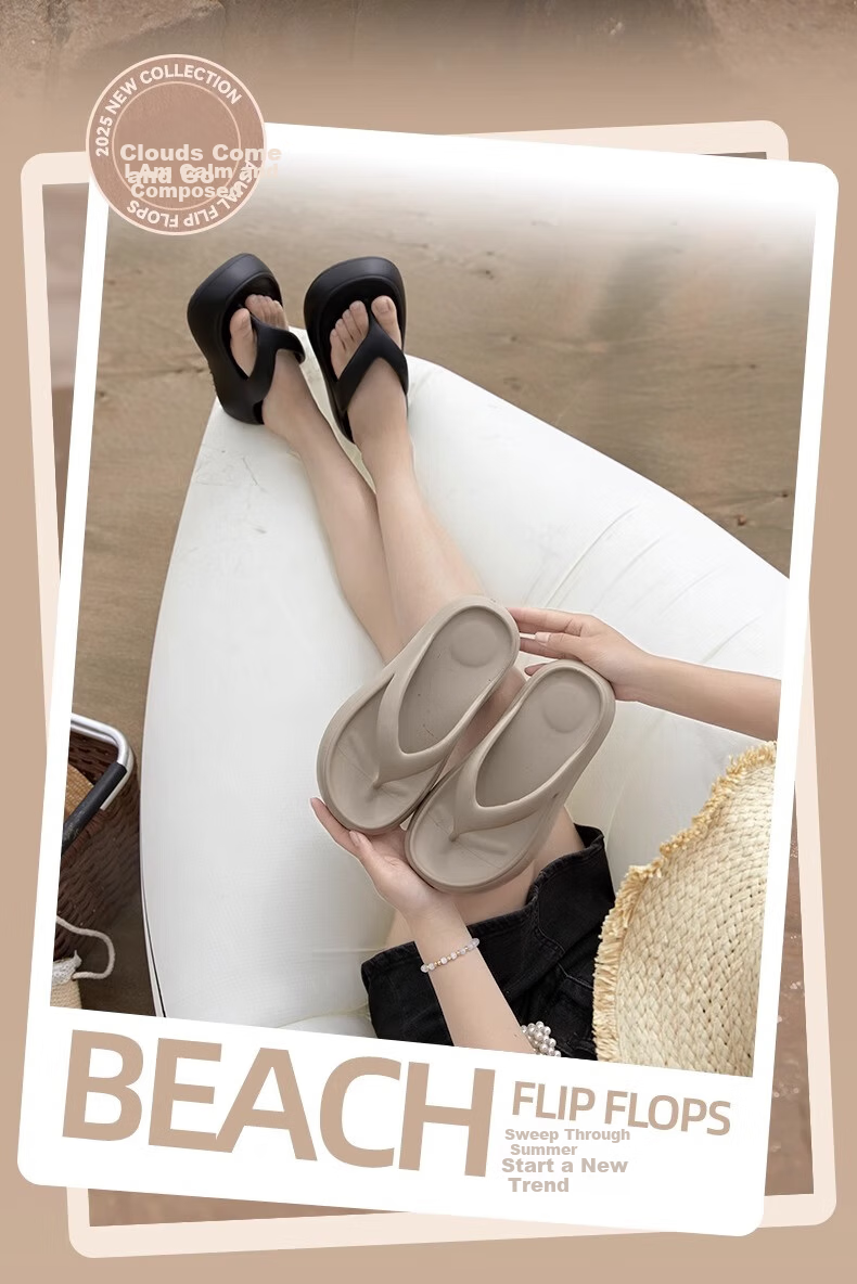 Guoluofi Cushioned Thick Sole Flip Flops for Women Summer Outdoor Fashion Height Increasing Beach Toe-Post Sandals Off-White Size 35-36 2