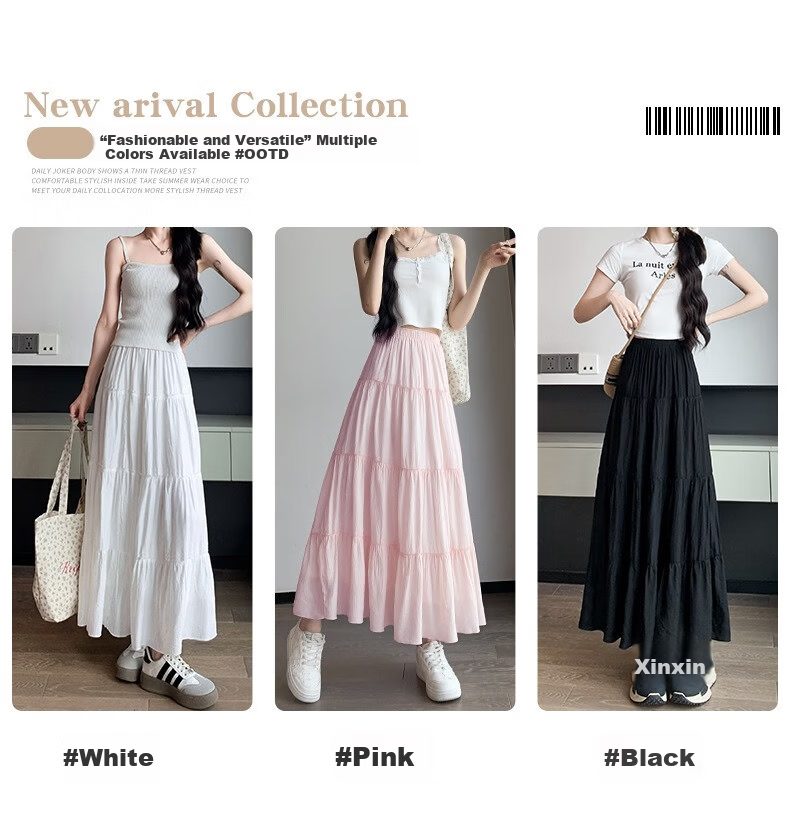 Jeanswest Women's Summer High-Waist Slimming Versatile Loose Peach Blossom Wrinkle Cake Skirt White M 5