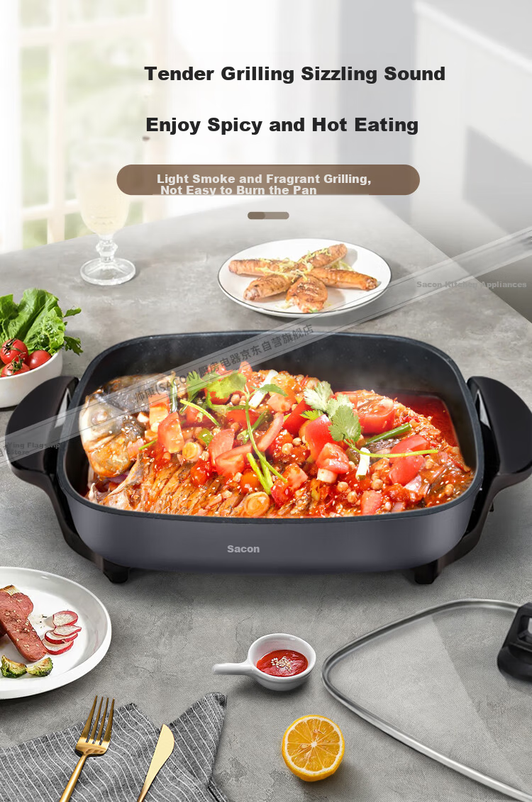Sacon Electric Hot Pot Multifunctional Electric Frying Pan Grilled Fish Electric BBQ Stove Household Smokeless Electric Grill Large Capacity Non-stick Electric Skillet ML-8010C 6