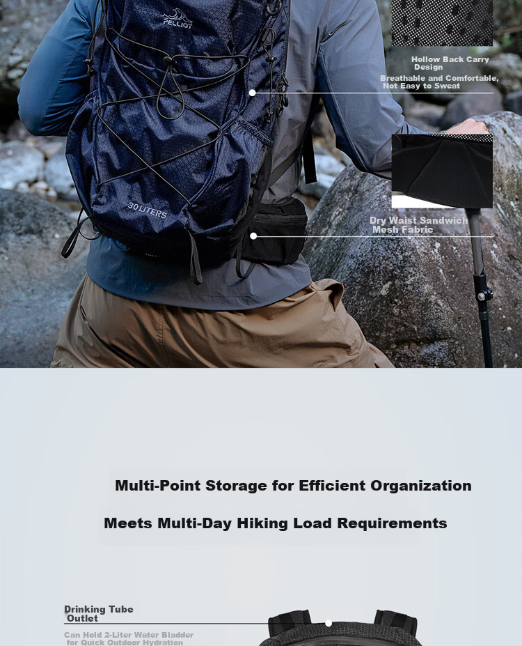 Pelliot Yun Chuan Outdoor Mountaineering Backpack Hiking Professional Travel Lightweight Men's Double Shoulder Bag 165025040 Blue 4
