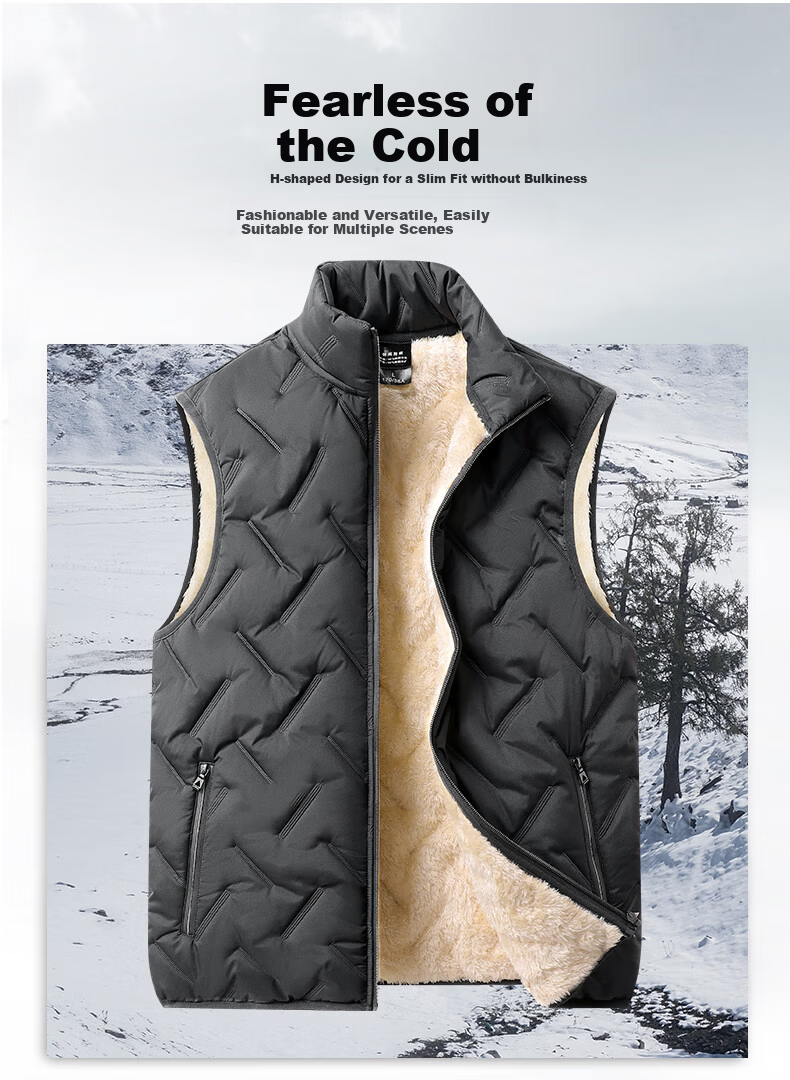 Miiow Men's Cotton Vest Autumn Winter Sleeveless Lamb Wool Thickened Warm Cold-Proof Stand Collar Jacket Black XL 3