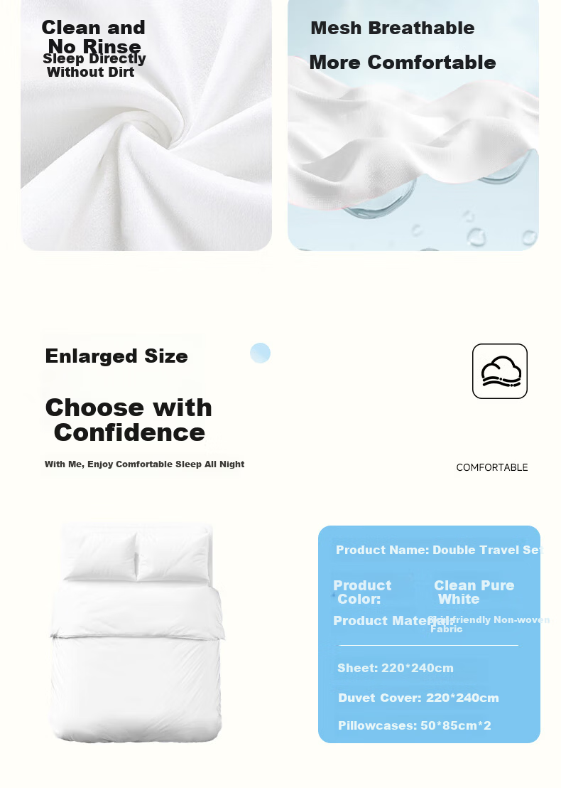 Qihaiqiu Disposable 4-Piece Bedding Set Thickened Disposable Bed Sheet and Duvet Cover Portable Hotel Double Travel Business Trip 3