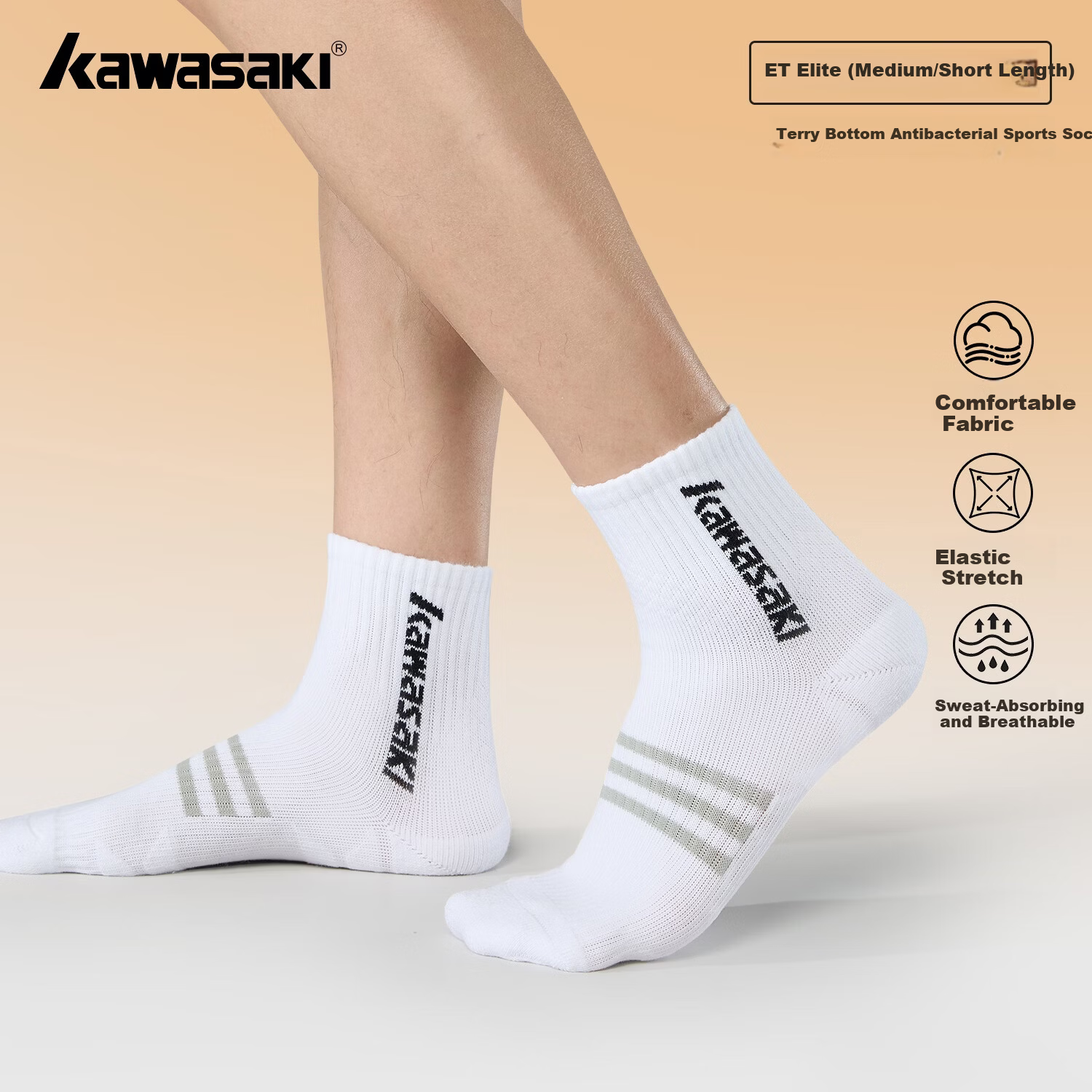 KAWASAKI Unisex Sports Badminton Socks Breathable Non-Slip Mid-Calf Socks D6606 White/Grey/Black (3 Pairs)