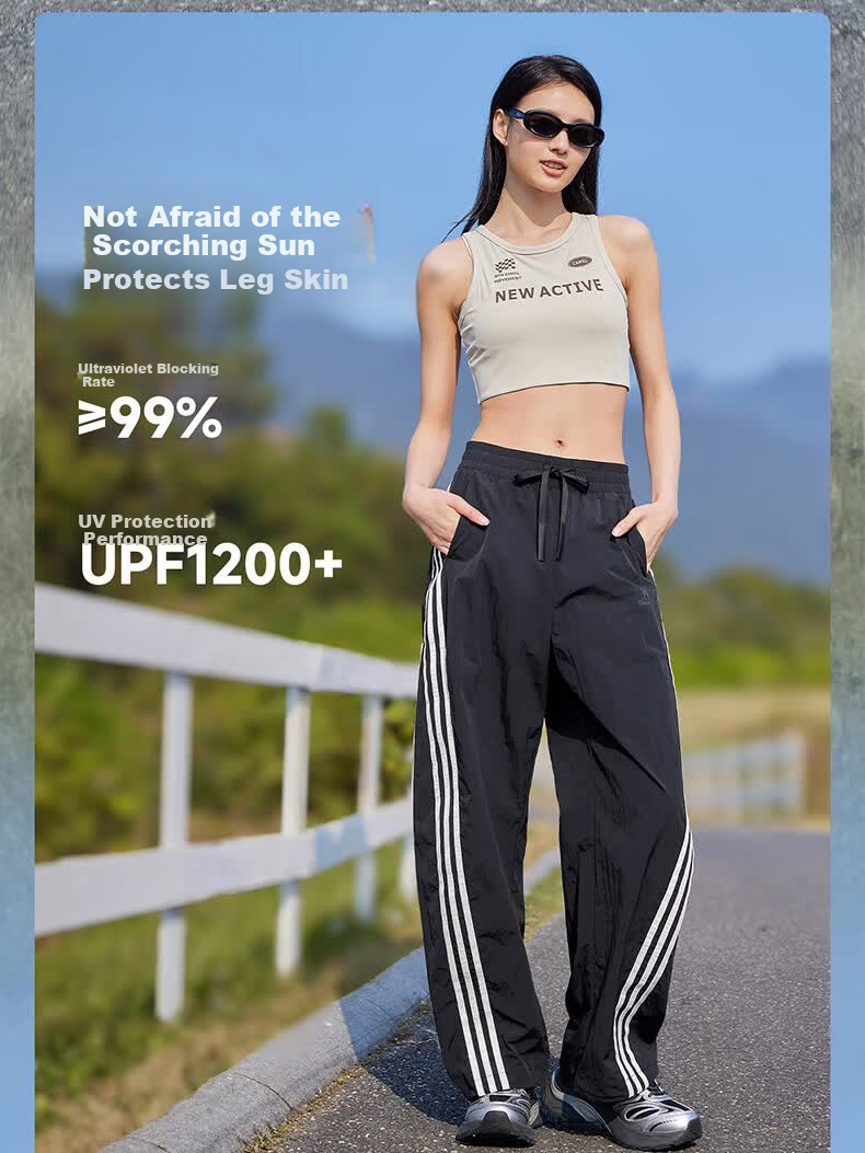 CAMEL Women's Sports Casual Long Pants American Retro Three-Stripe Straight-Leg C26BAYL6093 Phantom Black L 2
