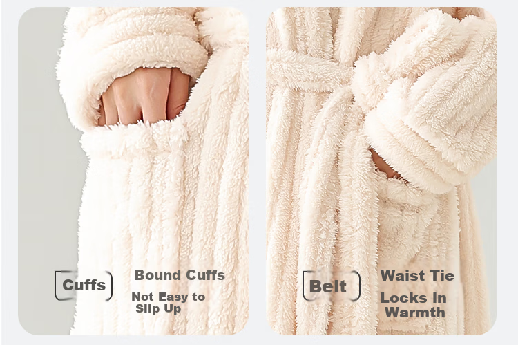 MiiOW [Warm Long Plush] Women's Couple Sleepwear Autumn Winter Striped Long Warm Simple Bathrobe Beige 17