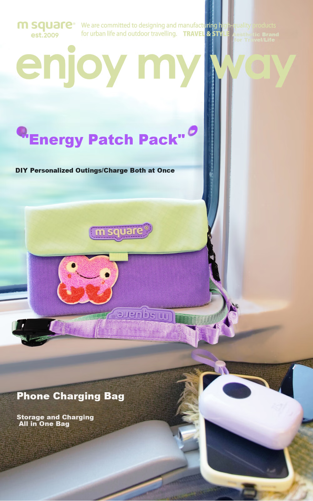 M Square Phone Bag Unisex Crossbody Bag Power Bank and Data Cable Organizer Lightweight Commuter Travel Shoulder Bag Taro Purple 1