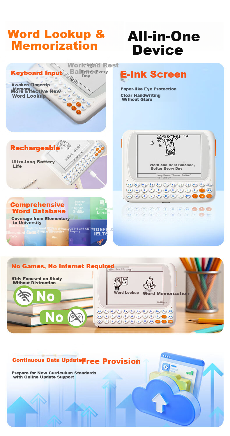 Wenquxing Electronic Dictionary CC515, E-Ink Screen Rechargeable English-Chinese Dictionary, Vocabulary Learning for Primary And Secondary School Students, College And High School Students, No Games, No Internet Connection Required, Lanwangwa 3