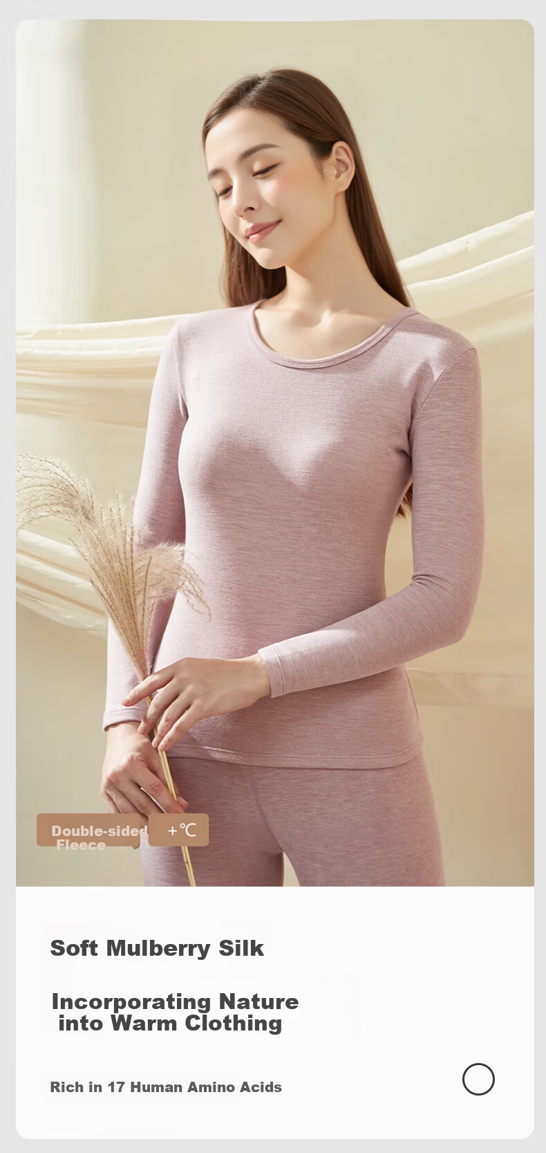 Bejirog Women's Thermal Underwear Set Autumn Winter Cashmere Mulberry Silk Long Johns Crew Neck Cold Resistant Base Layer Top and Bottom 5