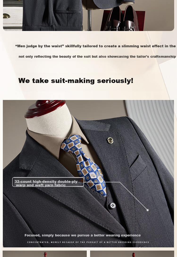 ROMON Wool Suit Set for Men Business Formal Wedding Attire Dark Gray 4XL (Blazer + Vest + Trousers) 5