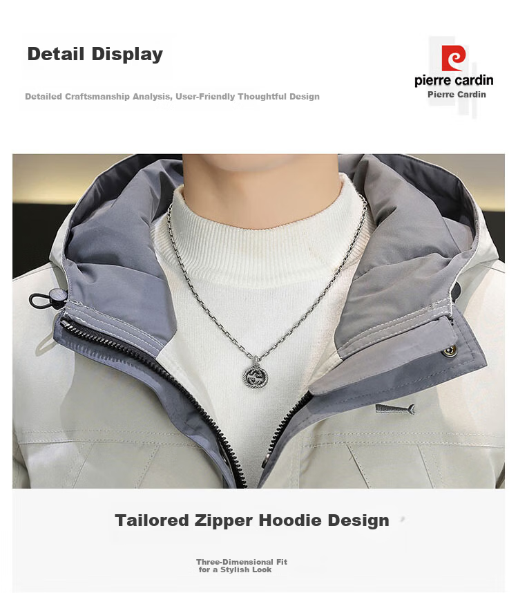 Pierre Cardin Men's Down Jacket Autumn Winter Trendy Hooded Casual Coat Men's Warm Workwear Jacket Off-White XL 4
