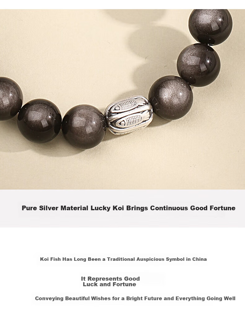 Chinese Jewelry Pure Silver Obsidian Lucky Koi Bracelet Men's High-End Black Obsidian Beaded Bracelet 520 Birthday Gift for Boyfriend and Girlfriend 4