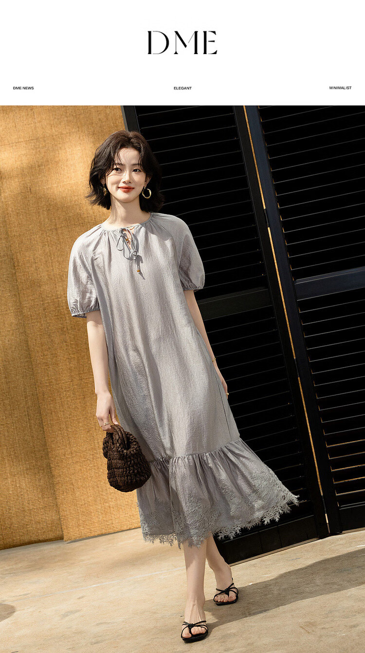Demana Wrinkled Acetate Summer Vacation Style Tassel V-Neck Lace Splice Loose Mid-Length Women's Dress 1