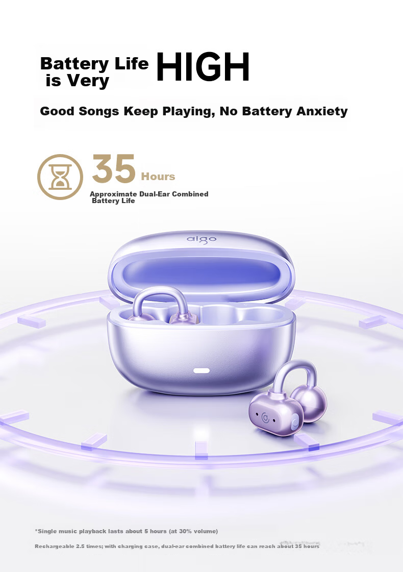 Aigo True Bone Conduction Clip-On Bluetooth Kids Earphones IP68 Waterproof Open-Ear Wireless Sports Noise-Cancelling Headset GS10 Purple 15