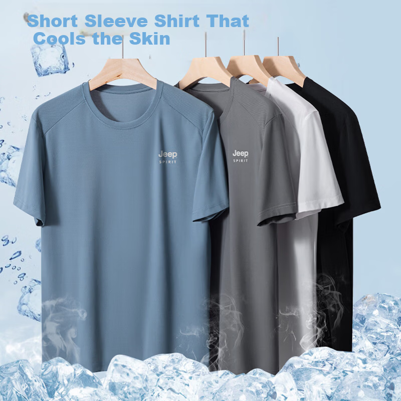 JEEP SPIRIT Men's Short Sleeve T-Shirt Summer Ice Silk Running Fitness Sports Quick-Dry Breathable Top White M