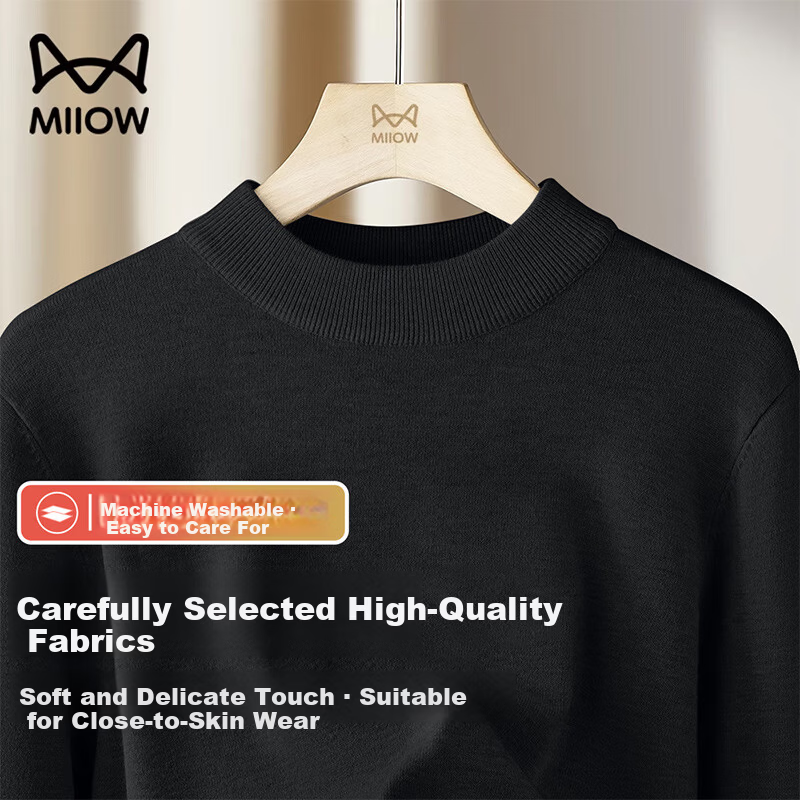 MiiOW Men's Half Turtleneck Knit Sweater Autumn Winter New Casual Versatile Fleece Lined Warm Base Shirt