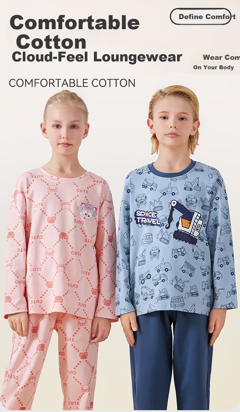 LangSha Kids Pajama Set Boys Girls Pure Cotton Crew Neck Spring Autumn Long Sleeve Homewear 170 1