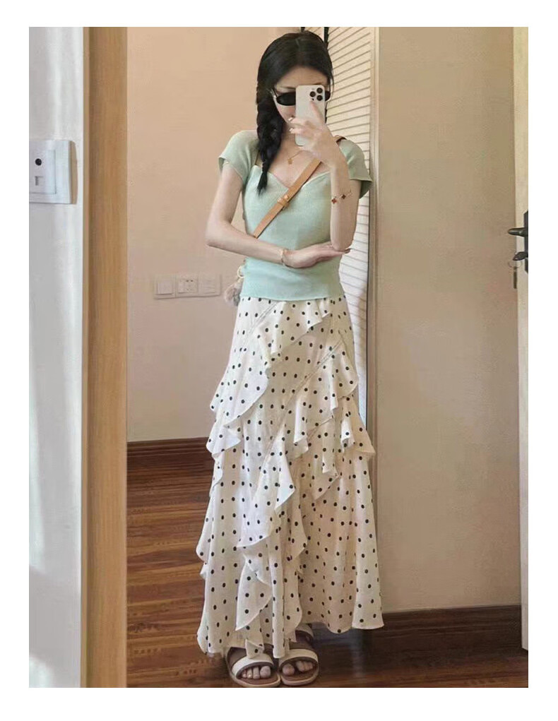 Langsha Polka Dot Women's Skirt 2026 New Ruffle Hem High Waist Slim A-Line White Irregular Skirt 15