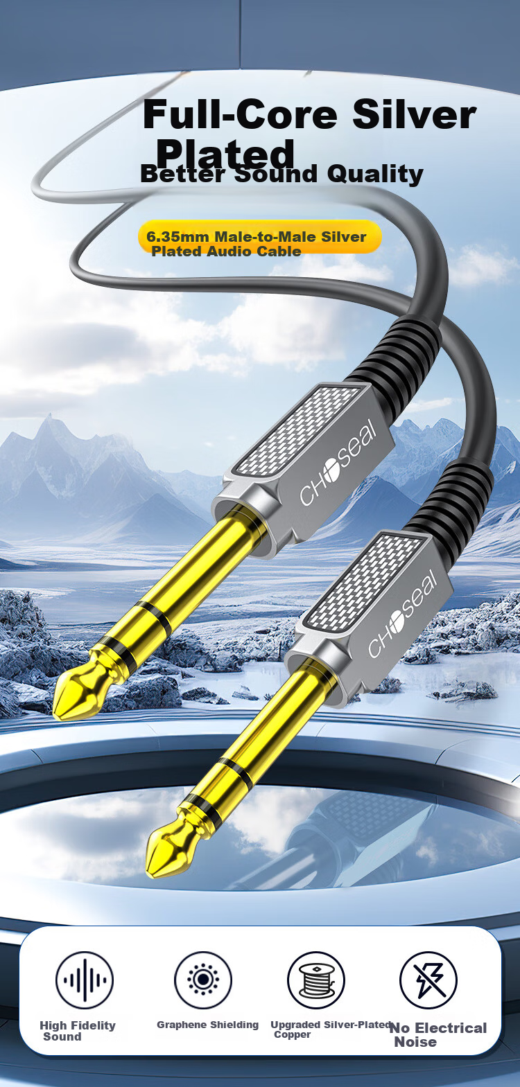 CHOSEAL 6.5mm Audio Cable 6.35mm 3-Core Male to Male Graphene Shielded Speaker Mixer Electric Guitar Amplifier Silver-Plated Copper Wire 1m QS3565T1 1