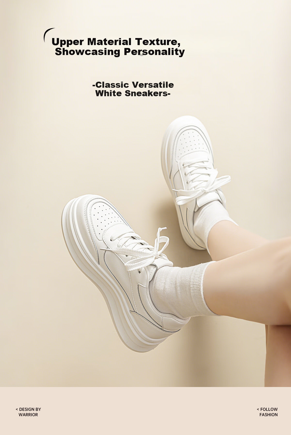 Warrior Women's Autumn Casual Fashion Platform Thick-Soled White Sneakers, Height-Increasing Sports Shoes, Size 40 5