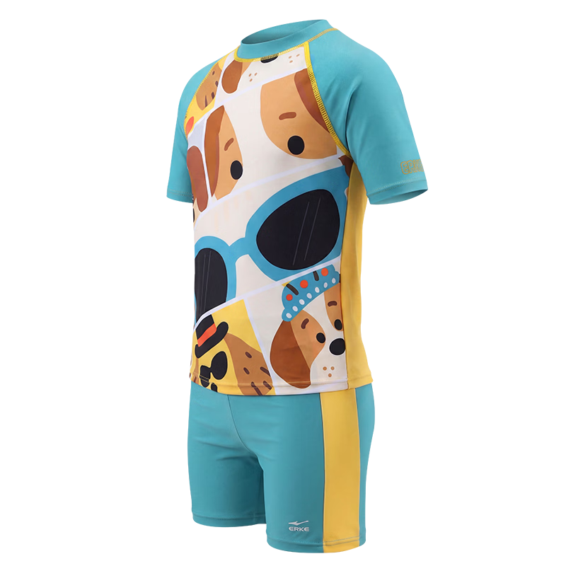 ERKE Boys' Short Sleeve Two-Piece Swimsuit Set, Split Design, Sun Protection, Beach Swimwear for Kids