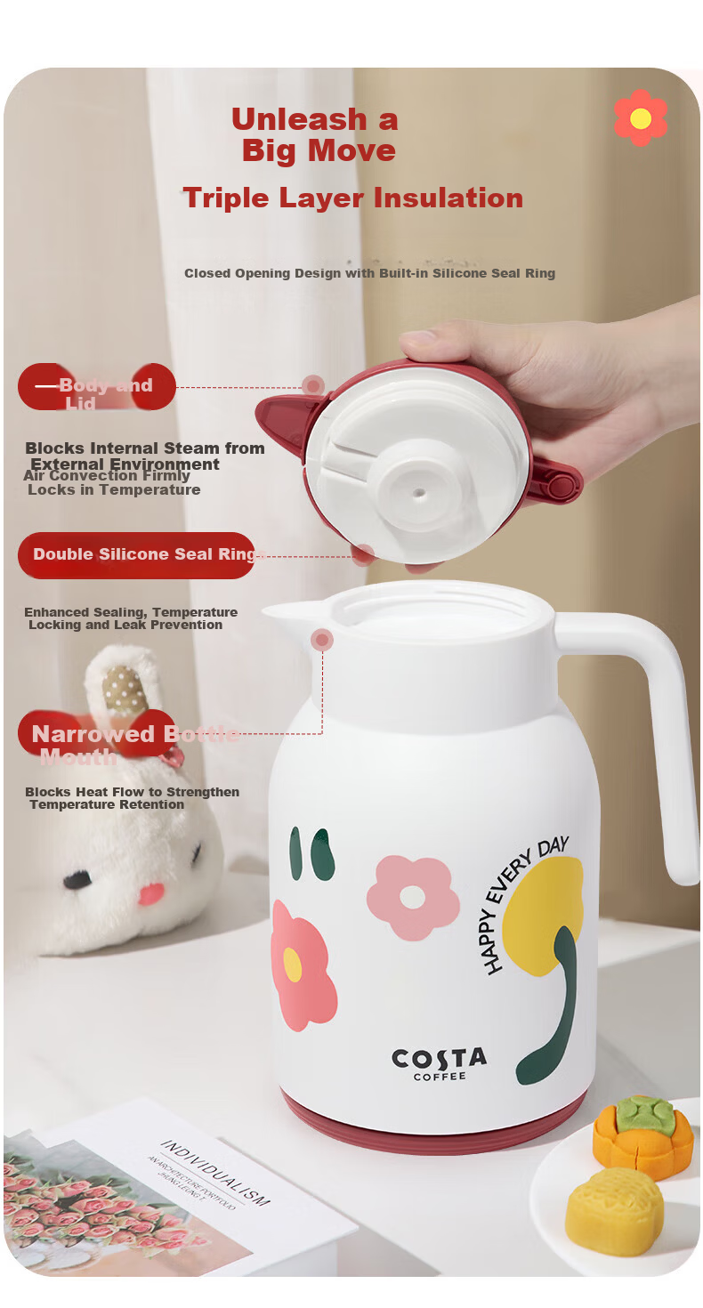 COSTA Large Capacity Insulated Kettle Household Hot Water Pot Red Liner Thermos Flask Tea Steeping Cup 24-Hour Heat Preservation 3