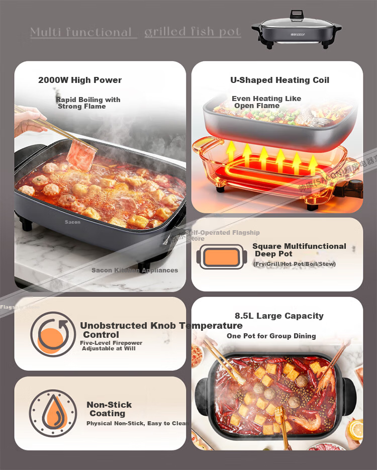Sacon Electric Hot Pot Multifunctional Electric Frying Pan Grilled Fish Electric BBQ Stove Household Smokeless Electric Grill Large Capacity Non-stick Electric Skillet ML-8010C 3