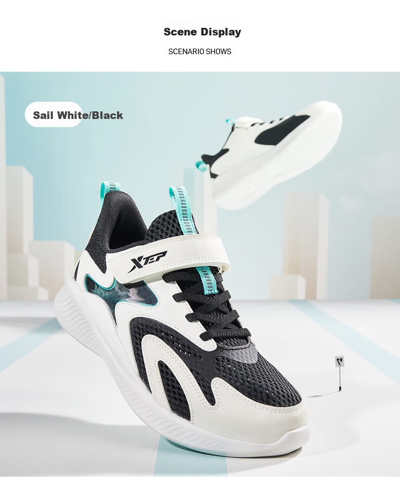 XTEP Kids Boys Mesh Breathable Velcro Running Shoes White/Black Size 35 1