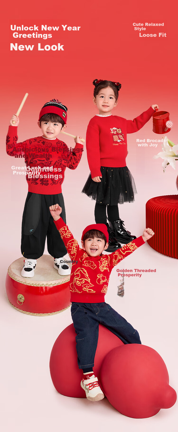 Balabala [balaOne] Kids Jacquard Knit Red Sweater Soft New Year Greeting Clothes for Boys and Girls 5