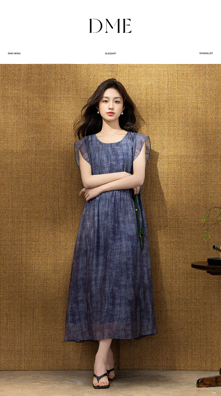 Demana [Breathable Tencel] Summer Ink-Style Print Round Neck Self-Tie Lightweight Dress for Women Premium Quality 1