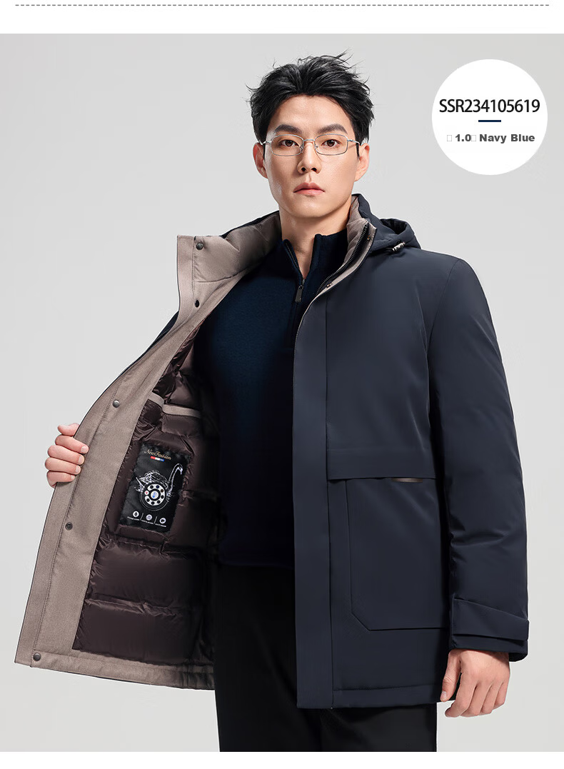SHANSHAN Detachable Hood Goose Down Men's Warm Thick Casual Removable Liner Dad Jacket 20