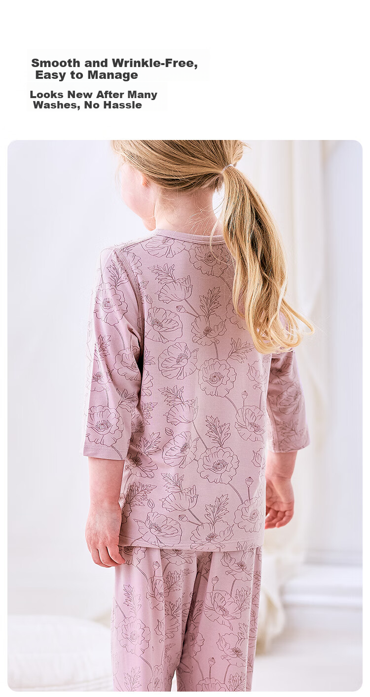 Junejunior [babylove Sub-brand] Girls' Summer Round Neck 3/4 Sleeve Pajama Set Air Conditioning Homewear 7