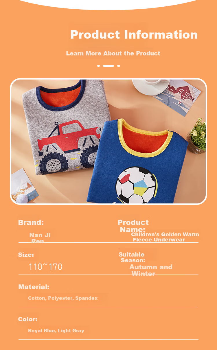 Nanjiren Kids Thermal Underwear Set Boys Autumn Winter School Uniform Fleece Cotton Base Layer Pajamas Royal Blue 110 9
