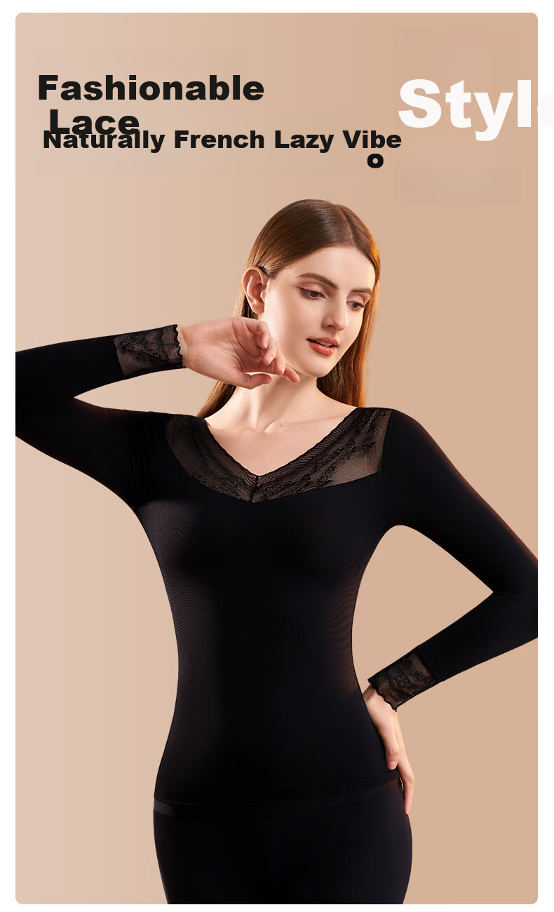 GRACEWELL Foundation Invisible Skin Base Lace V-Neck Ultra-Thin Thermal Set for Women Autumn Winter 9