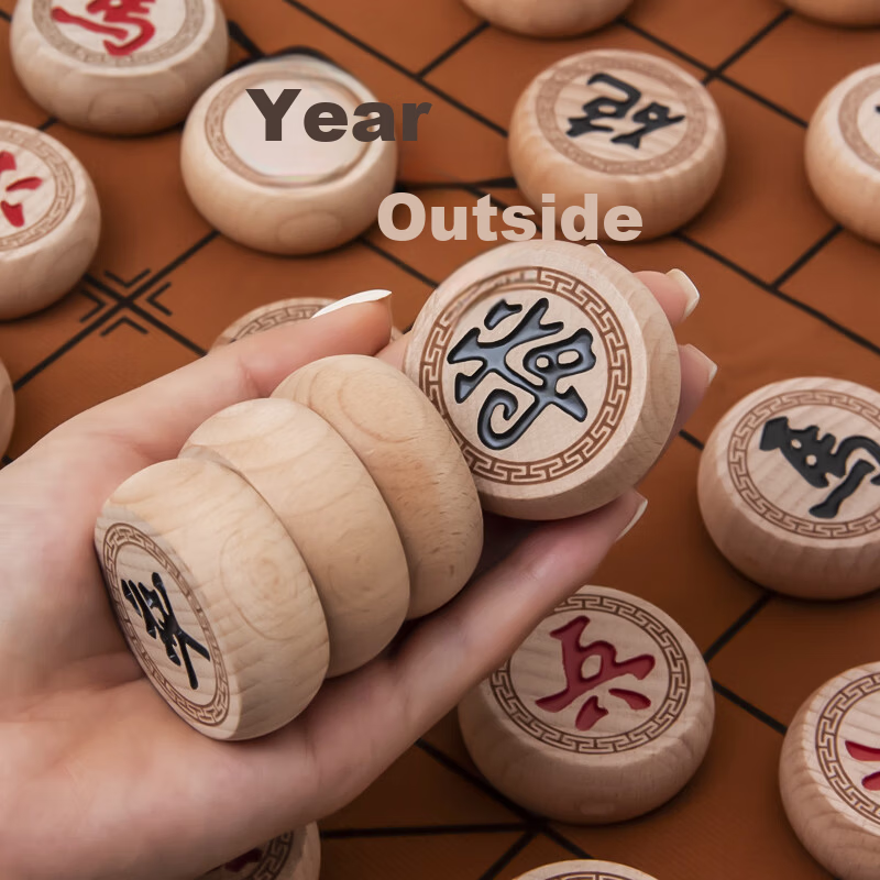Junao Chinese Chess Thick Beech Wood Set Leather Portable Board Home Use No.50 Carved Chess Toy Camping