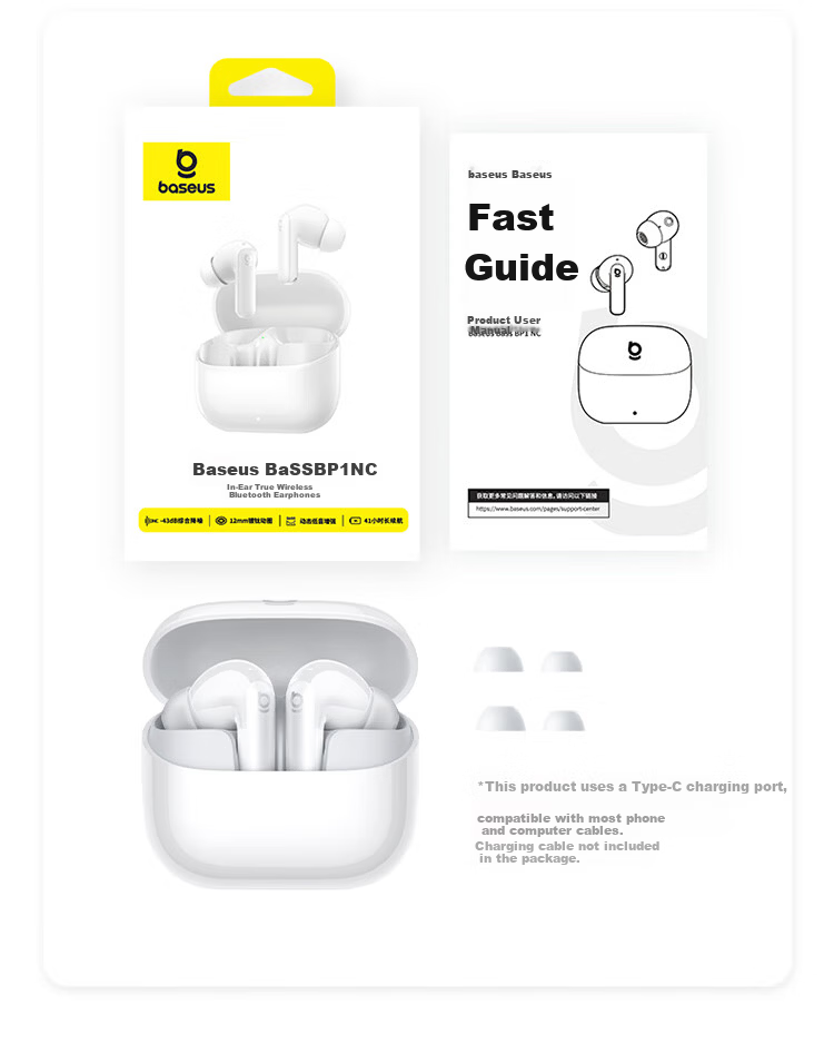 BASEUS BP1 NC In-Ear True Wireless Bluetooth Earphones Deep Noise Cancellation Long Battery Life Custom Touch Control Compatible with Apple iPhone 17 Huawei Vivo Phones Gift 31