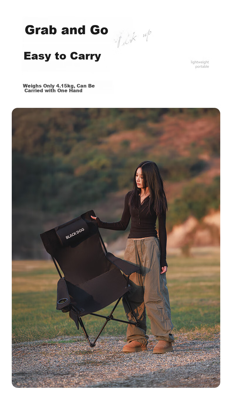 Black Dog Folding Recliner Camping Portable Nap Chair Adjustable 3-Level Outdoor Beach Chair for Autumn and Winter 8