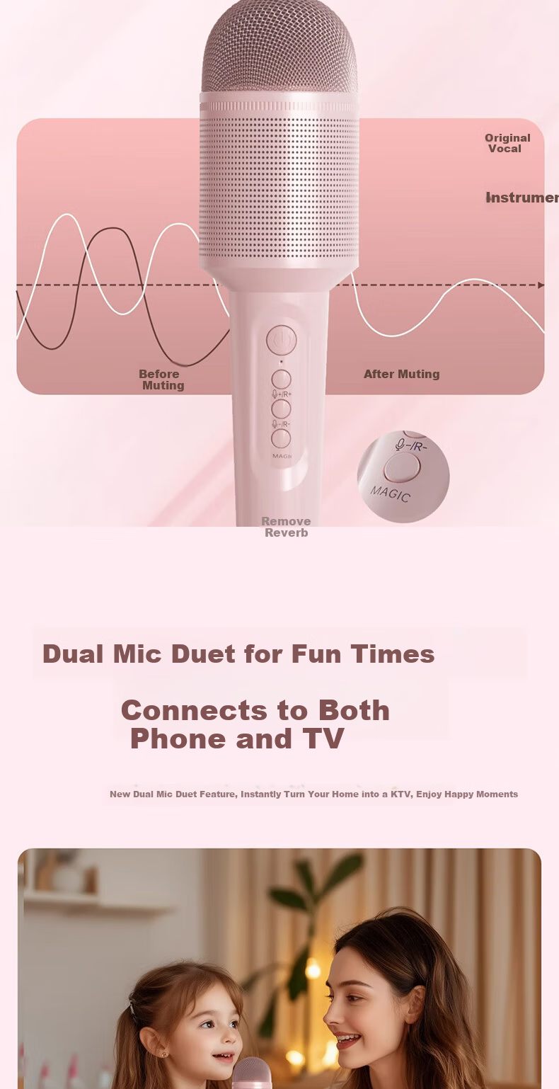 Soaiy Microphone Speaker All-In Wireless Bluetooth Karaoke TV Children's Birthday Gift Portable Handheld Karaoke Microphone for Home Use MC8MAX Pink 7